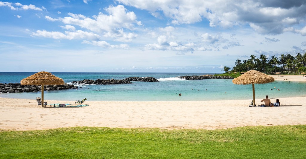 An idyllic beach in Hawaii with two coconut umbrellas - a perfect destination to enjoy with the protection of Travel Insurance